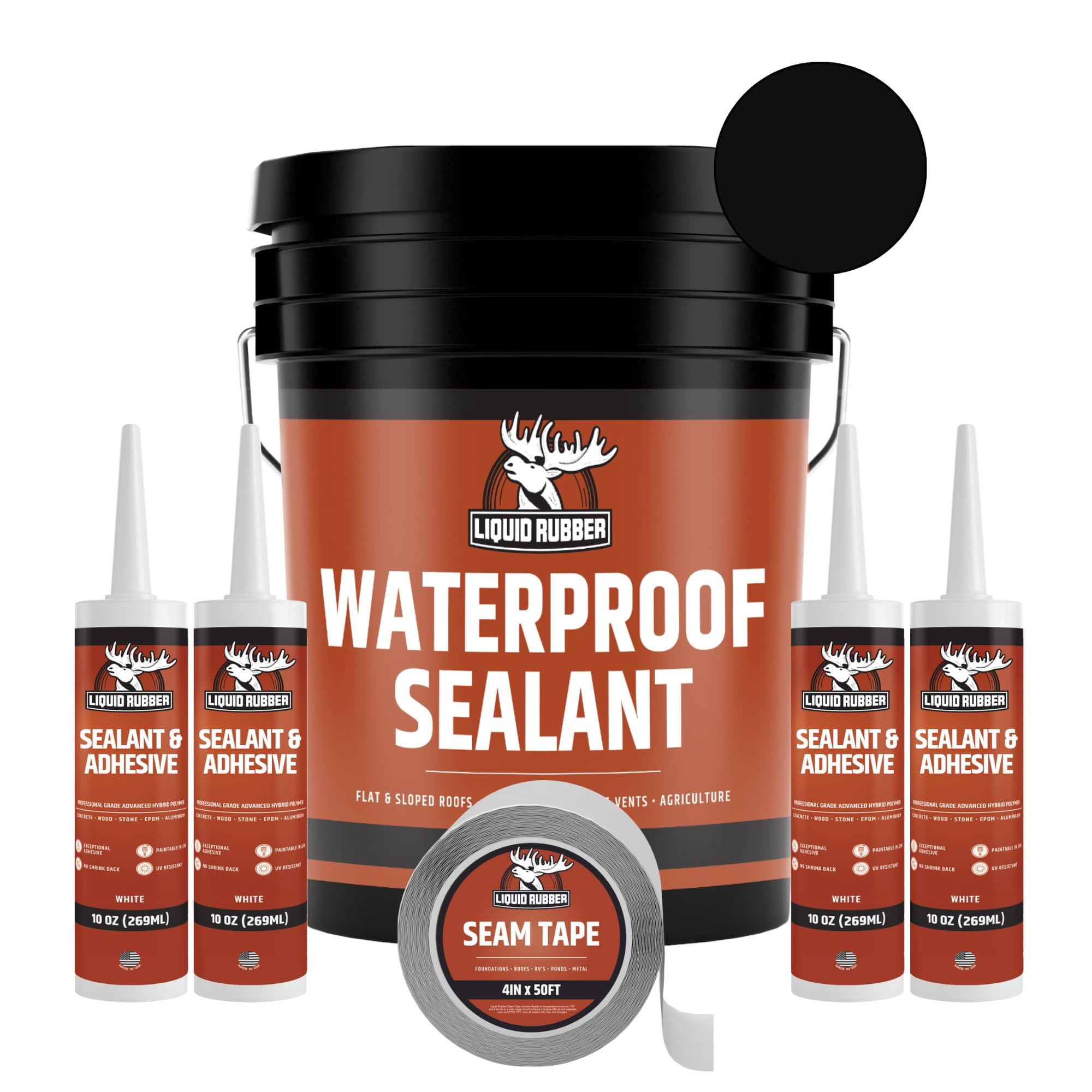 Liquid Rubber - Caucho Líquido Sellador Impermeable, 5 Galones, Negro Con Sellador Y Cinta Adhesiva