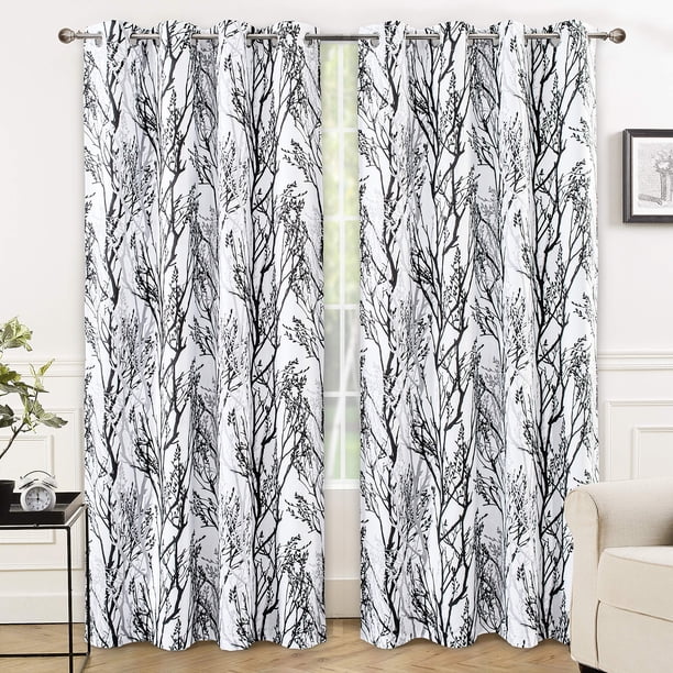 Cortina DriftAway con forma de rama de árbol, 132 x 213 cm, 2 paneles, color negro y blanco