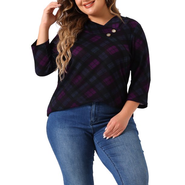 Agnes Orinda Conjuntos de Halloween para Mujeres Tallas Grandes Tops de Escuela Universitaria 3/4 Manga Blusa Casual Elegante de Punto a Rayas Cuello Asimétrico Camiseta de Moda 4X Púrpura Negro