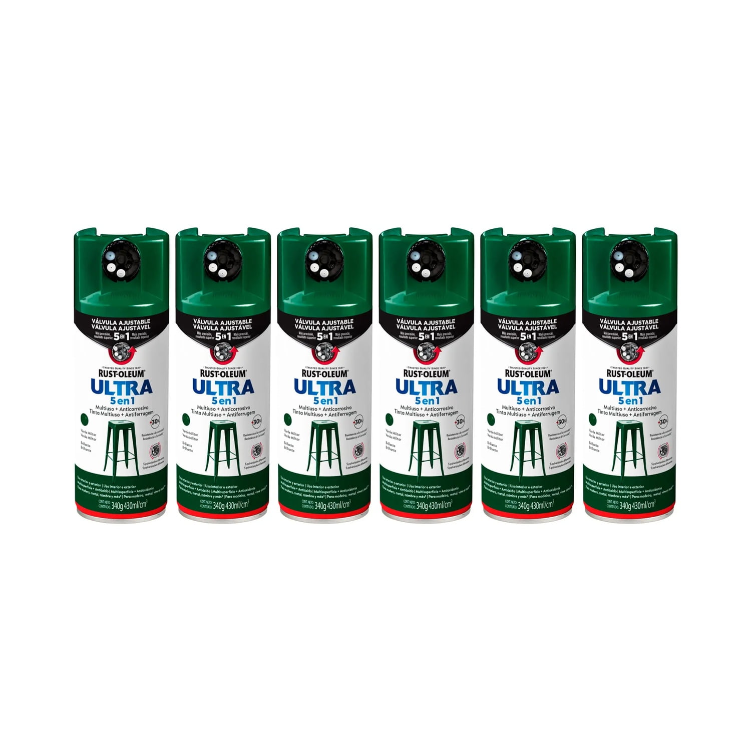 Rust-oleum - Pack 6 Und. Pintura En Spray Ultra 5 En 1 Multisuperficie Anticorrosiva Verde Militar Brillante 340 G 700010