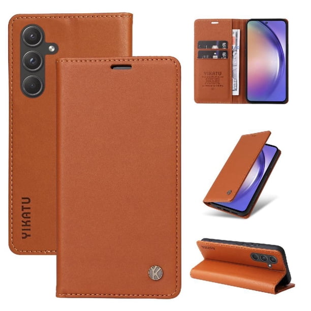 Funda Billetera de Cuero para Samsung Galaxy A55 5G con Tarjetero y Soporte - Tapa Magnética Marrón