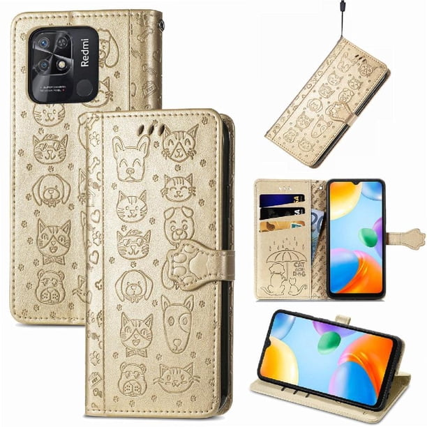Funda Cartera FOXDOCK para XIAOMI Redmi 10C , Flip PU con Relieve de Gatos y Perros, Tarjetero y Soporte