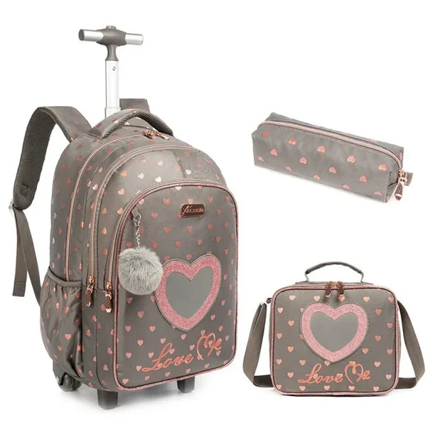 Children's Rolling Backpack Set Wheeled Schoolbag Kids Backpack with Insulated Lunch Bag and Pencil Case for Boys and Girls