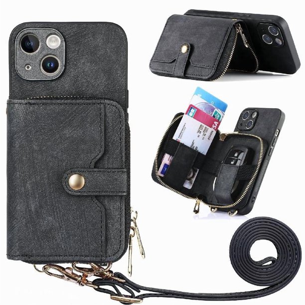 Funda Tipo Cartera con Correa Cruzada para iPhone 15 Plus Protección Contra Golpes Negro
