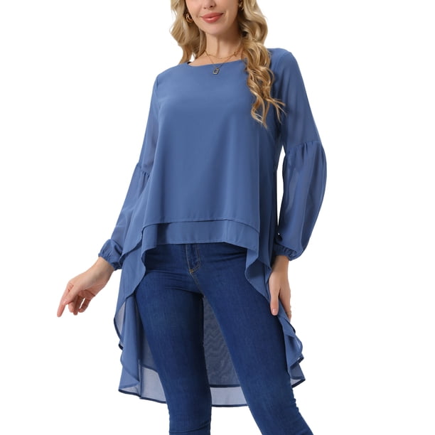 INSPIRE CHIC Blusas asimétricas de gasa casuales elegantes para mujer con mangas largas de linterna y cuello redondo, parte superior alta y baja M Gris Azul
