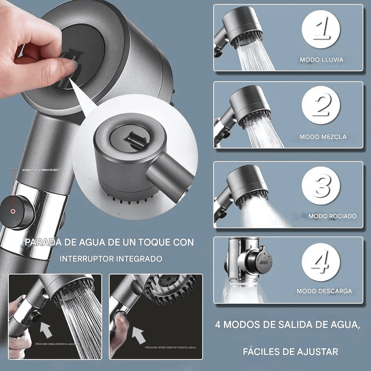Movi - Cabezal De Ducha 4 En 1 Con Manguera Flexible De 1.50 Cms