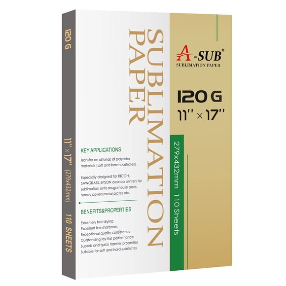 Papel de sublimación A-SUB 11 x 17 pulgadas, 120 g/m², 110 hojas para inyección de tinta