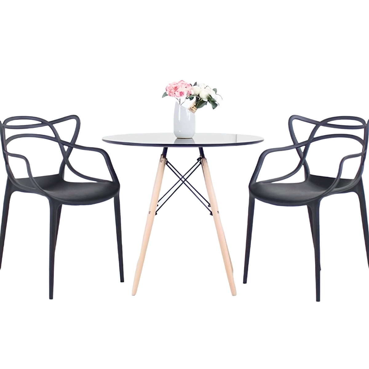 Klik Muebles - Comedor Terraza - 2 Sillas Master Negras Y Mesa Eames De Vidrio 80cm