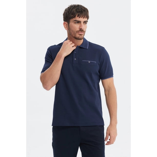 Polera Hombre Pique Con Bolsillo Botón Azul Marino
