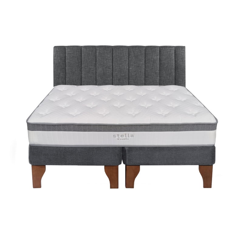 Cama Europea Stella 2 Plazas + Respaldo Tubular Madera Gris