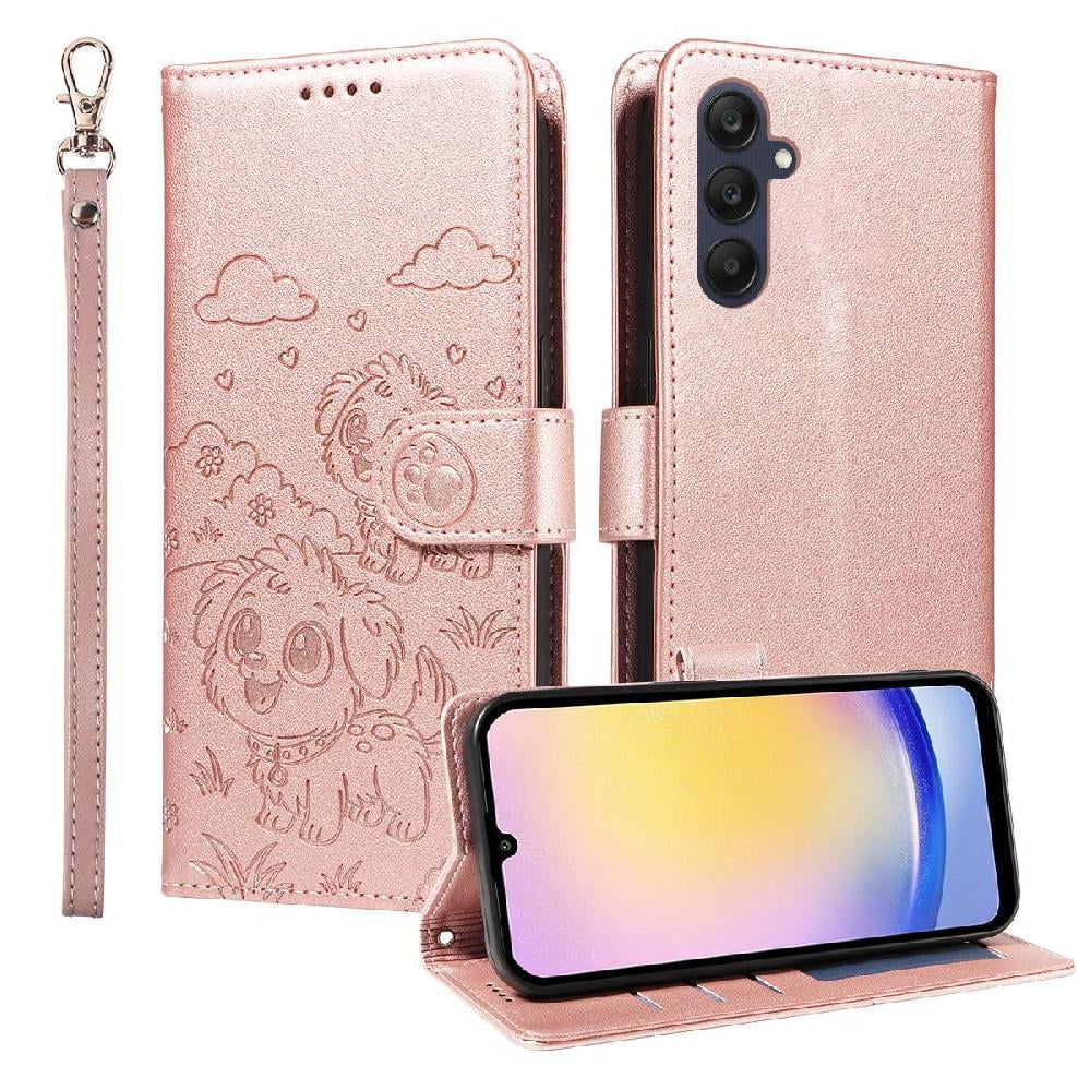 Foxdock - Funda Cartera Para Samsung Galaxy A25 5g Perro Cachorro Grabado Con Tarjetas Soporte Correa Rosa