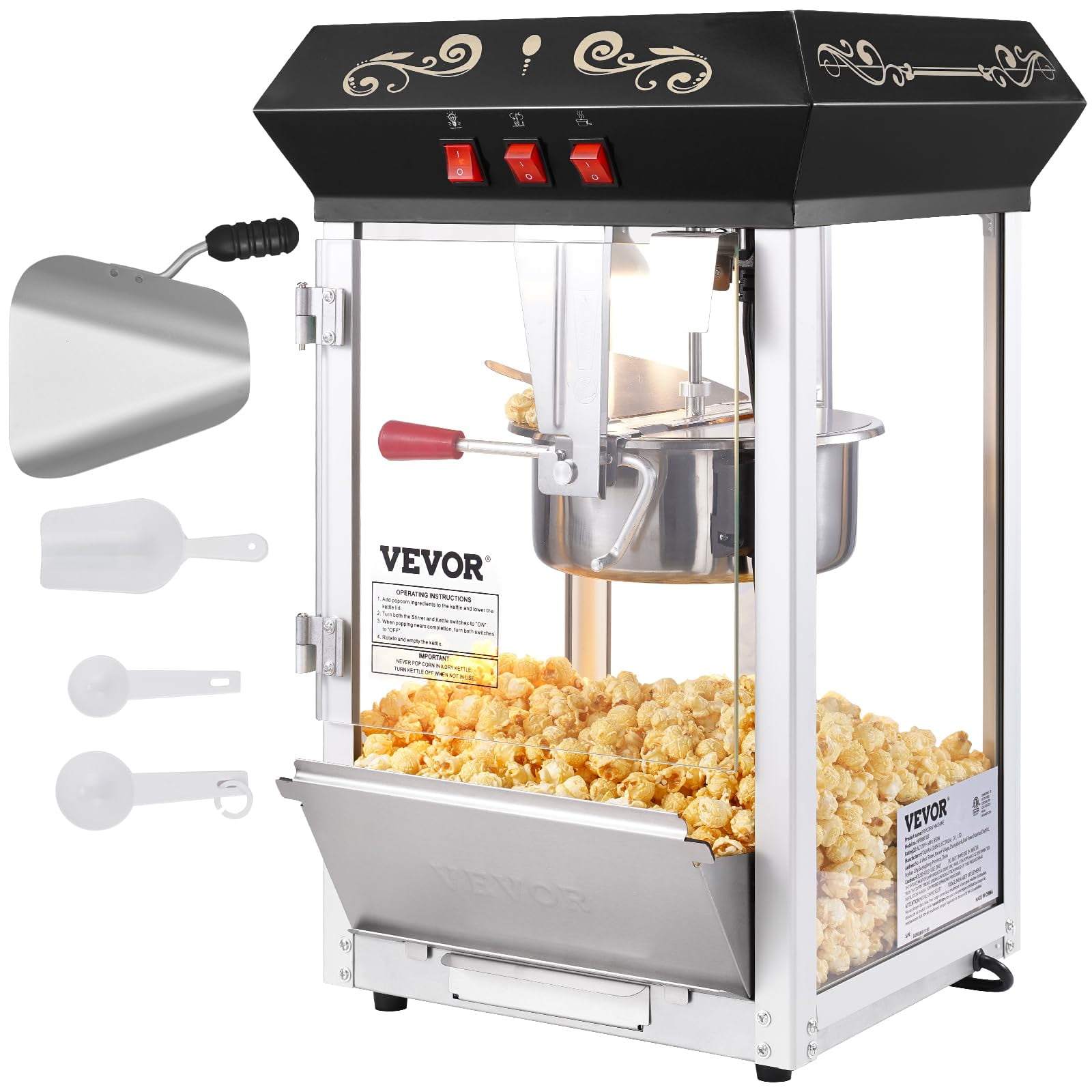 Máquina Para Hacer Palomitas Vevor 850 W, 240 Ml, 48 Tazas, Lote Con Vidrio Templado