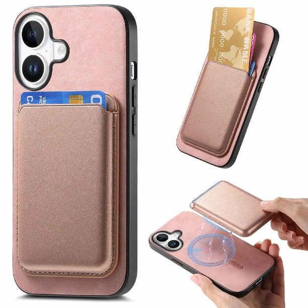 Funda de Cuero Magnética con Tarjetero para iPhone 16 Plus Cubierta Delgada Rosa