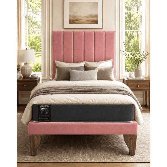 Cama Plaza y Media Turin Rosado Respaldo + Base + Colchon Mery Desing