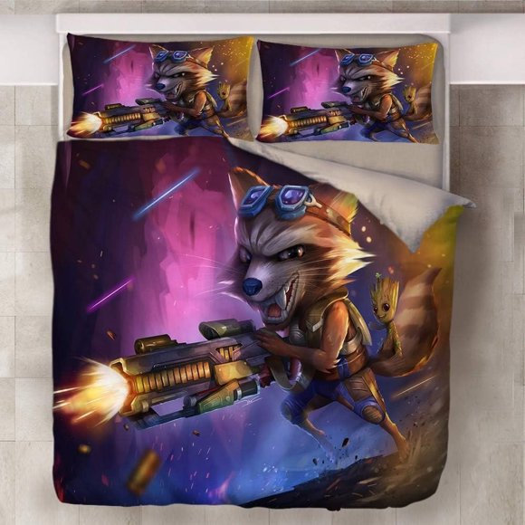 x165 Bed SheetsCartoon Groot Bedding Set Rocket Raccoon Duvet Cover Pillowcase Children Gift Bedroom Decoration Gift 3-Piece Bedding Set (1 Duvet Cover + 2 Pillow Shams) nj165