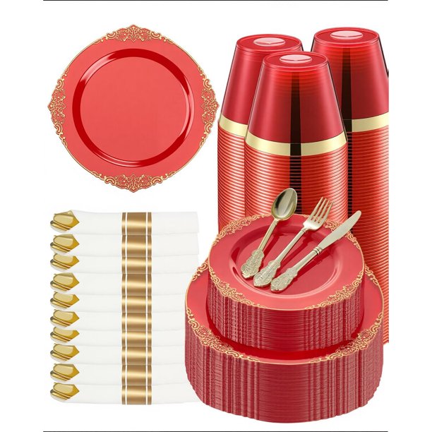 Vajilla desechable Goodluck 350 piezas roja con borde dorado para 50 invitados