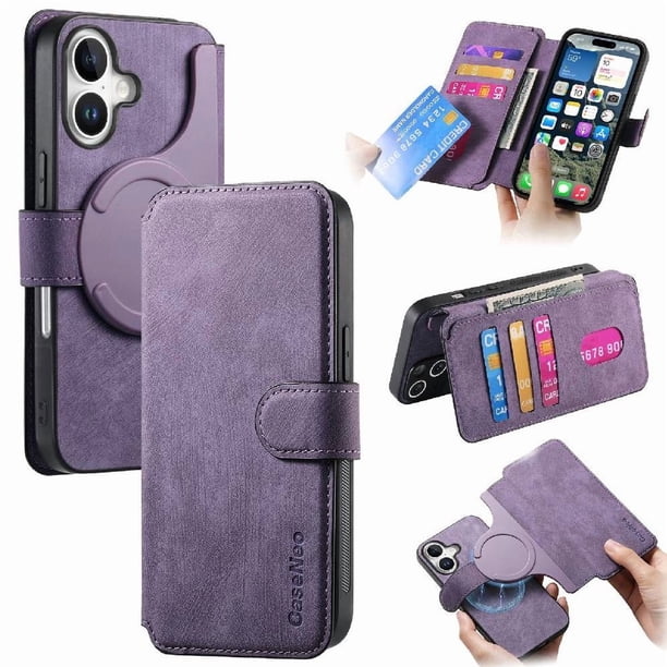 Funda Billetera Magnética para iPhone 17 Soporte Tarjetas Desmontable Morado