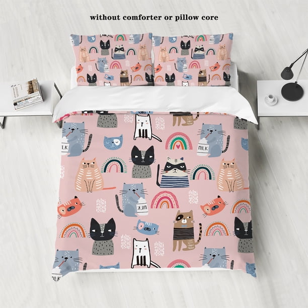 3 piece down set with pink cat pattern (1 down duvet cover+2 pillowcases, no core), comfortable bedding for children's bedroom