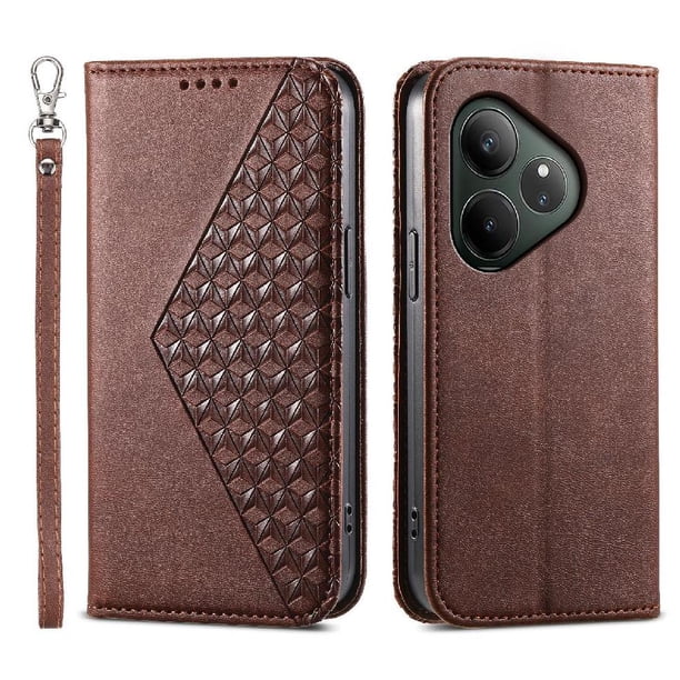 Funda Flip FOXDOCK para Realme GT 6 , Estilo Billetera con Diseño Rombo, Correa de Mano y Soporte, Uso Diario