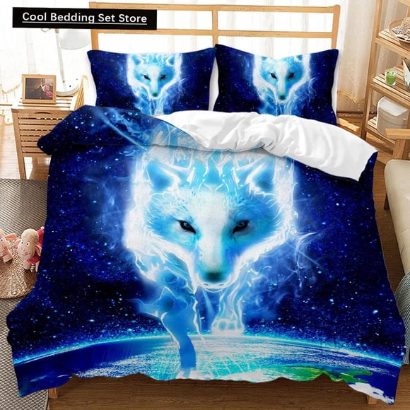 v1373 Bed Sheets Wolf Duvet Cover Set Animal Pattern Bedding Set Cool Wildlife Comforter Cover Kids Glitter Blue Wild Wolf Polyester Qulit Cover 3-Piece Bedding Set (1 Duvet Cover + 2 Pillow Shams) Be