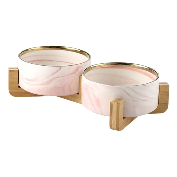 Juego de tazones de comida de cerámica con soporte de madera, tazones para perros modernos, tazones para gatos elevados antideslizantes , Rosado, Cuenco doble