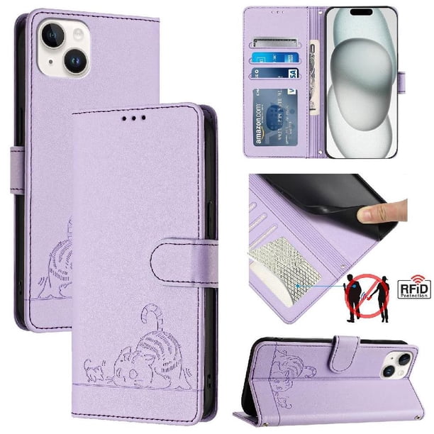 Funda tipo cartera FOXDOCK para iPhone 15 Plus con soporte, ranuras, RFID, diseño de gato