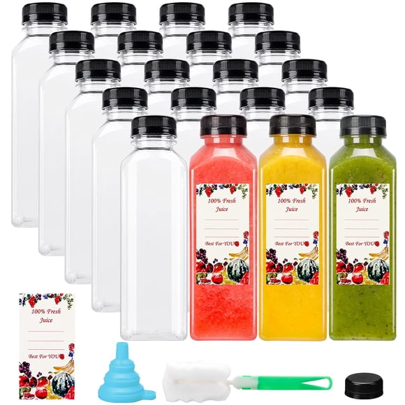 Botellas de jugo SUPERLELE de plástico con tapones, 16 oz/500 ml, paquete de 20