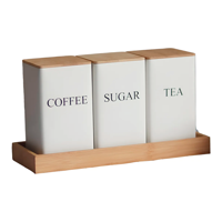 Wakeshome - Set De 3 Recipientes De Cocina Hierro Con Tapa Y Bandeja De Bambu Para Café Té Y Azúcar