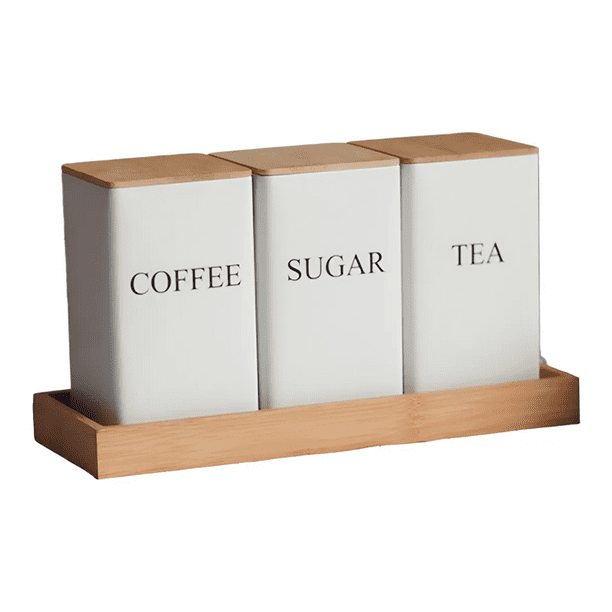 Set de 3 Recipientes de Cocina Hierro con Tapa y Bandeja de Bambu para Café Té y Azúcar