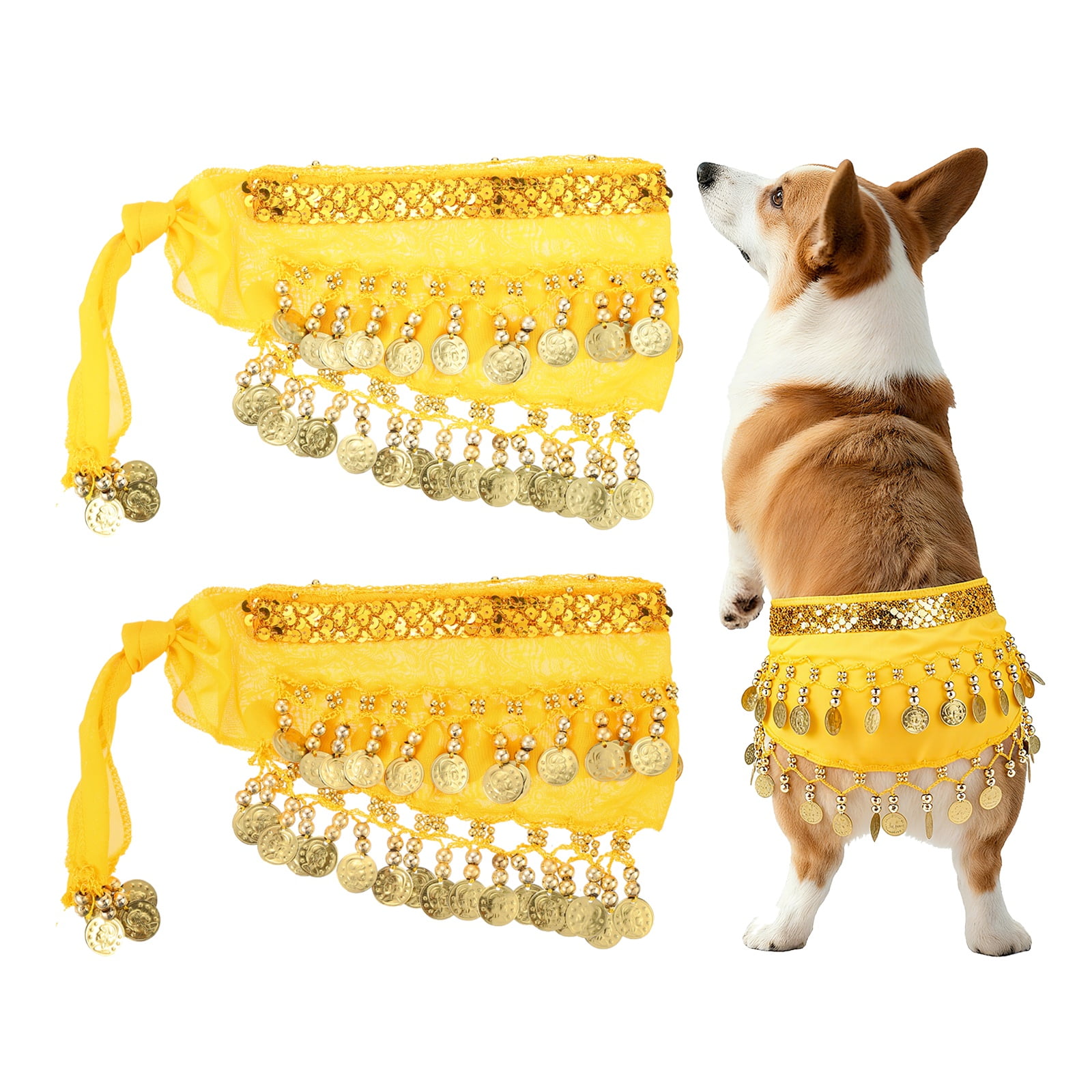 Falda de Bailarina de Vientre para Perros Uxcell, Cadena de Cintura, Cortina de Cadera, Ropa de Disfraz para Perros, Conjunto de Danza de Cadera con Pañuelo y Lentejuelas (2 Piezas, Chifón, Amarillo)