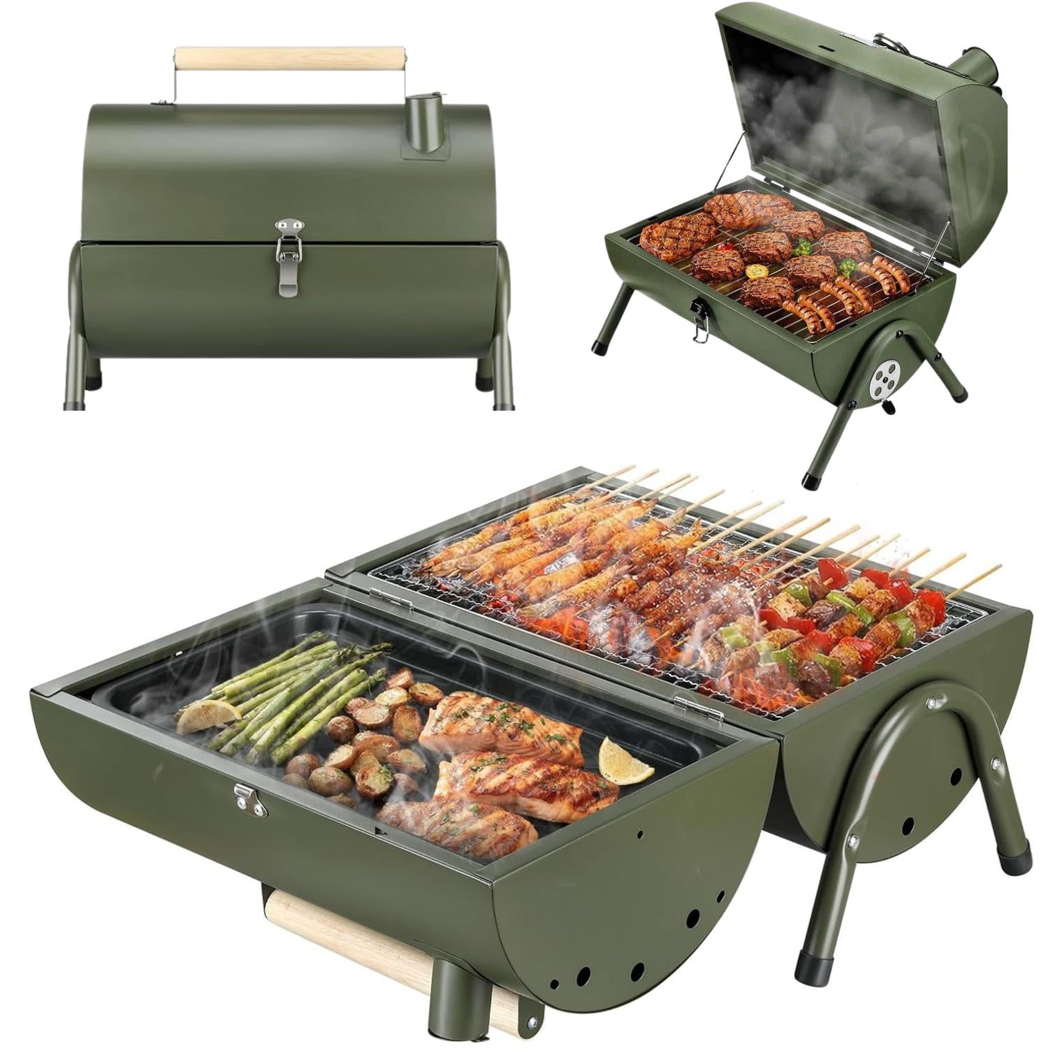 Yep - Parrilla Ahumador Doble Portatil Carbon Camping Verde