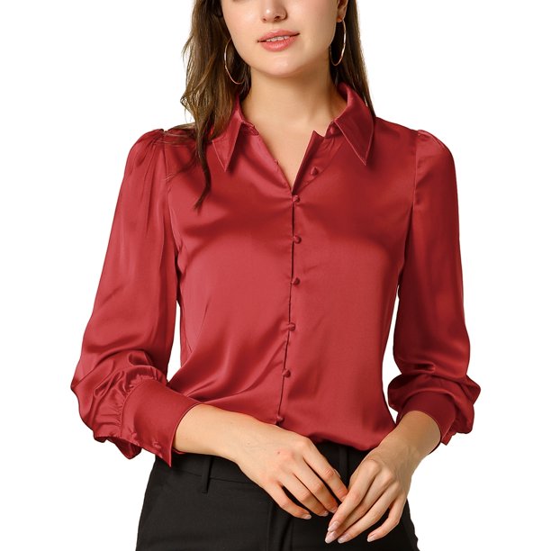 INSPIRE CHIC Blusa de Satén para Mujer con Mangas Largas Abullonadas, Cuello con Botones, Camisa Elegante para Oficina, Tops de Trabajo Casual de Negocios, L Rojo