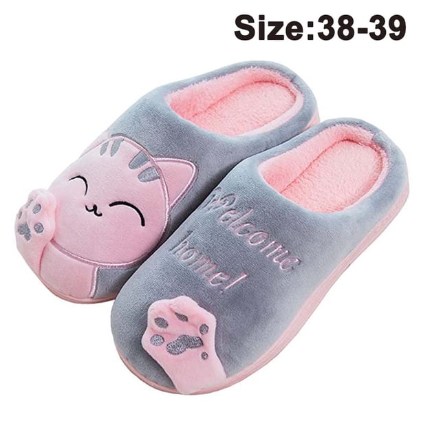 Pantuflas de gato de la suerte de dibujos animados, pantuflas de algodón para el hogar de invierno, pantuflas cálidas antideslizantes de suela gruesa, adecuadas para zapatos de casa, interiores y