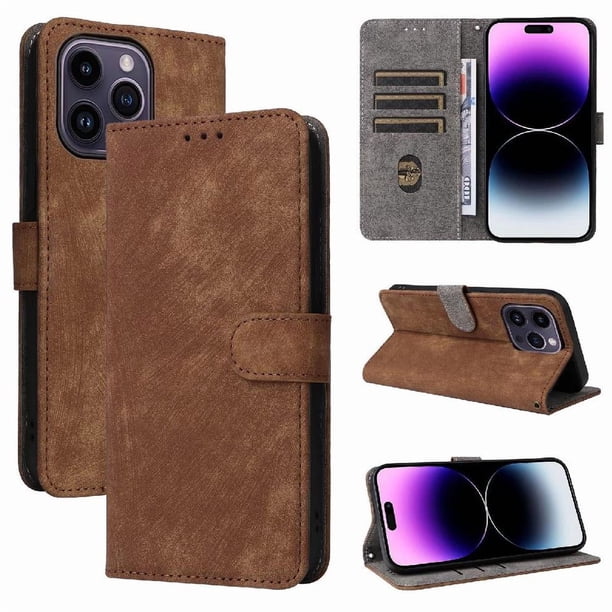 Funda Billetera para iPhone 14 Pro con Soporte - Cartera de Cuero con Ranuras Marrón