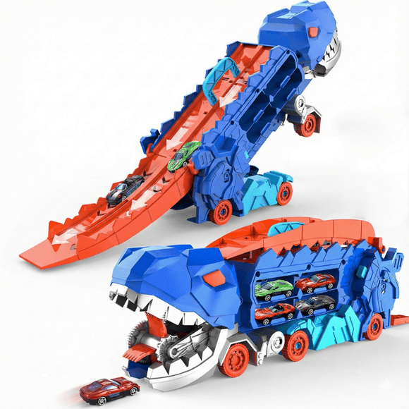Camión Dinosaurio T Rex Con Pista Deslizante Y Autos Tiranosaurio Rex Azul