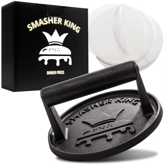 Burger Press SMASHER KING™ de hierro fundido de primera calidad con papel para hamburguesas