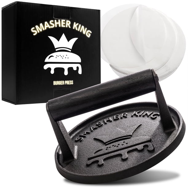 Burger Press SMASHER KING™ de hierro fundido de primera calidad con papel para hamburguesas