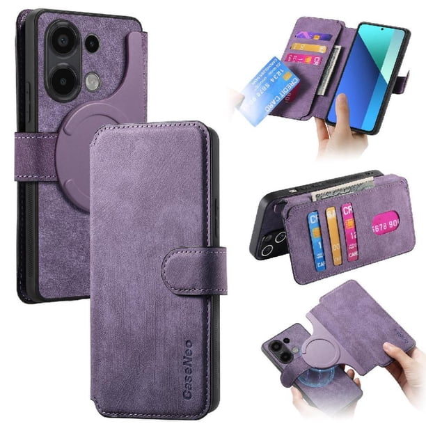 Funda Billetera Magnética para Xiaomi Redmi Note 13 4G Soporte Tarjetas Desmontable Morado