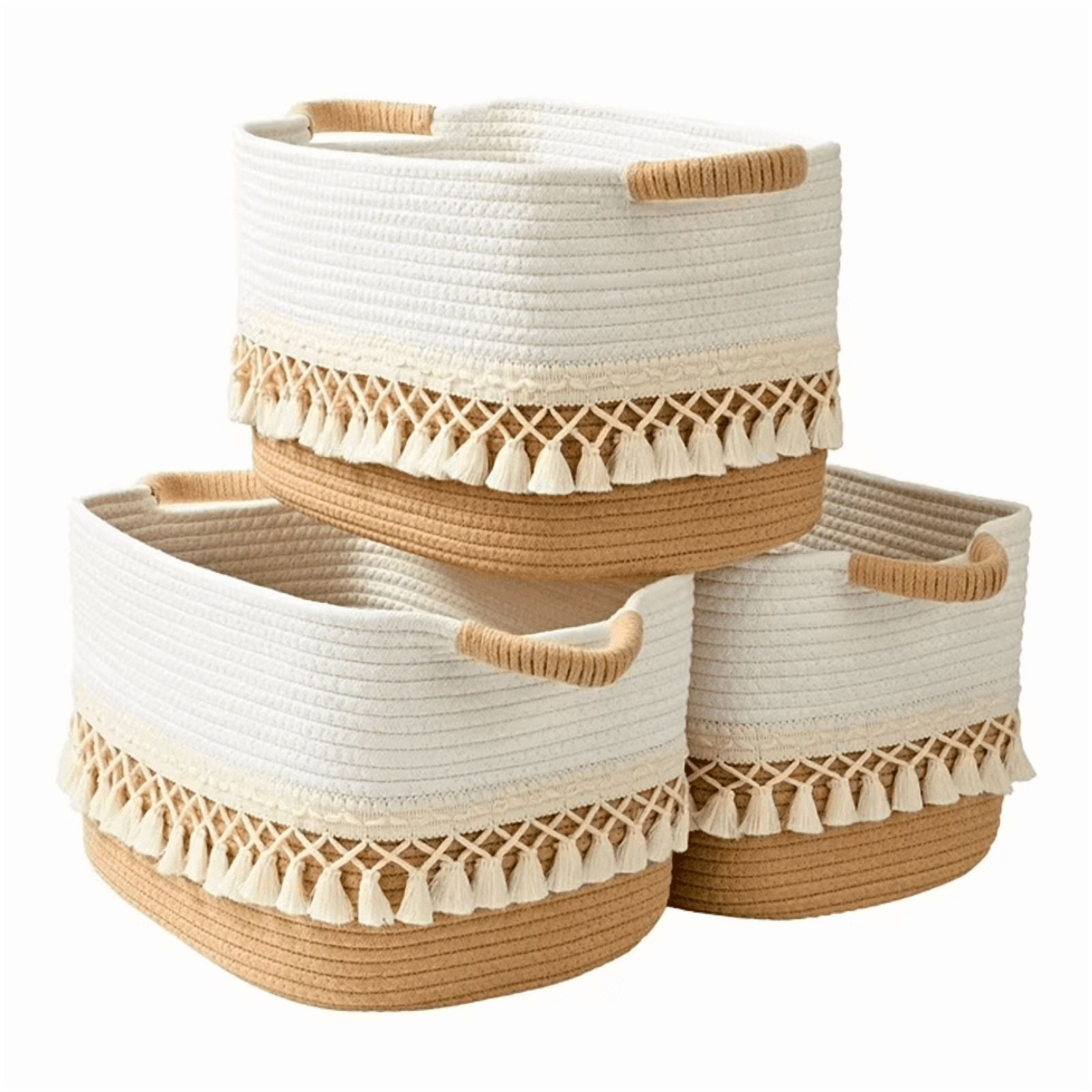 Wakeshome - Pack 3 Canasto Tejido Bordado Con Asas Cesta Cuadrada Para Organizar