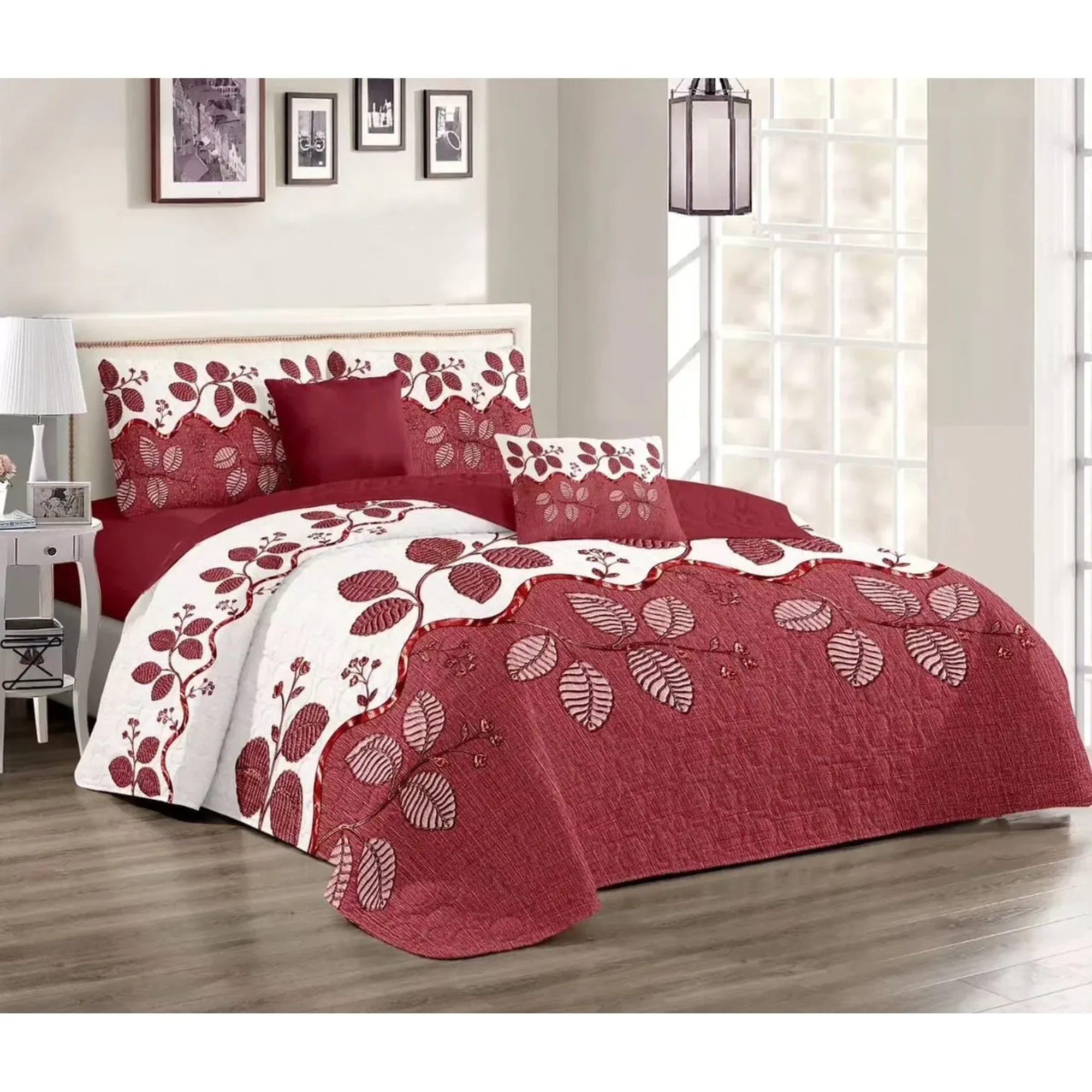 Casadeliacl - Cubrecama King Grande Quilt Verano Moderno Elegante Tf Rojo Tf Hojas