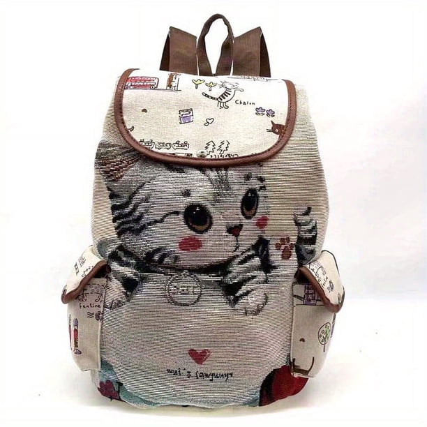 Kawaii Cartoon Flap Backpack, Classic Vintage Storage Travel Rucksack, Women's Casual School Bag