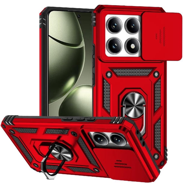 Funda Resistente Anillo Soporte Xiaomi 14T Pro Privacidad Cámara Montaje Magnético Rojo