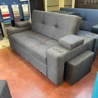 Camila Home - Sofá Cama Lino Gris Oscuro Elite 2 Plazas Con Puffs Y Sistema Reclinable