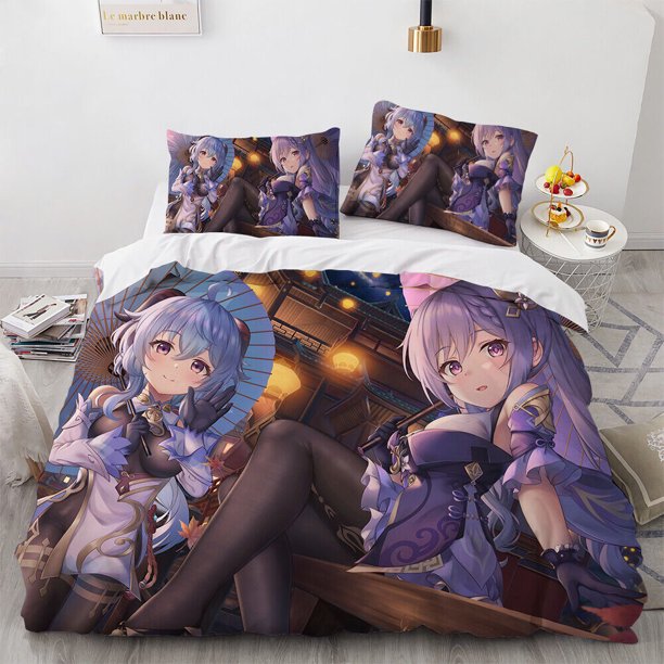 Genshin Impact Hu Tao Bedding Set Anime Keqing Ganyu Duvet Cover Pillowcase3-Piece Bedding Set (1 Duvet Cover + 2 Pillow Shams)