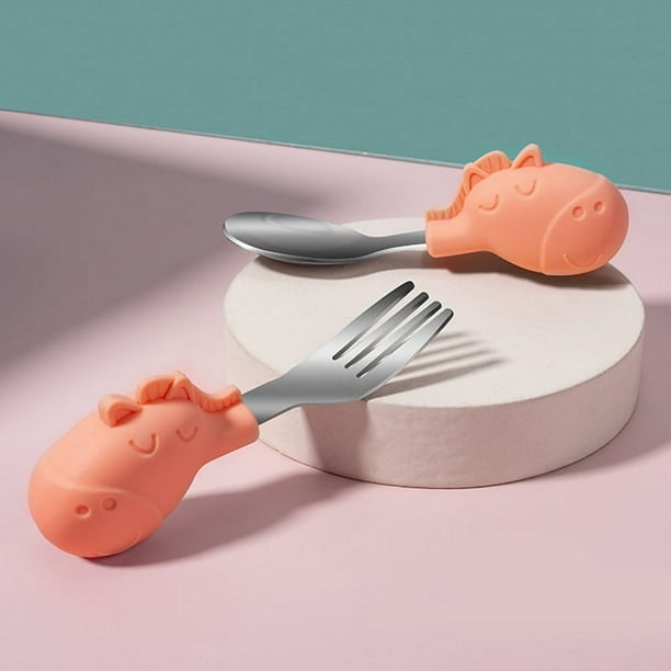 Make Mealtime Fun and Easy with our 2 Set Baby Toddler Silicone Stainless Steel Spoon Fork Set in a Cute and Gender-Neutral Style, Perfect for Feeding and Cutlery Training, Comes with a Useful Case!