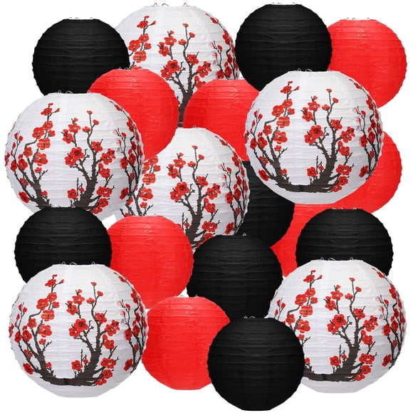Mudder Set de 20 Faroles de Papel con Cerezos en Flor en Rojo, Blanco y Negro