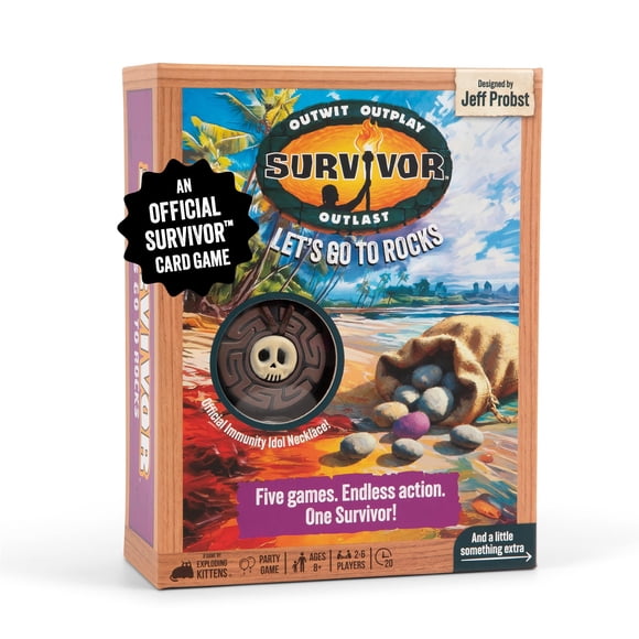 Exploding Kittens Survivor: Vamos a las Piedras - Juego para mayores de 8 años, de 2 a 6 jugadores, juego de estrategia y desafío con piedras, cartas y collar de inmunidad
