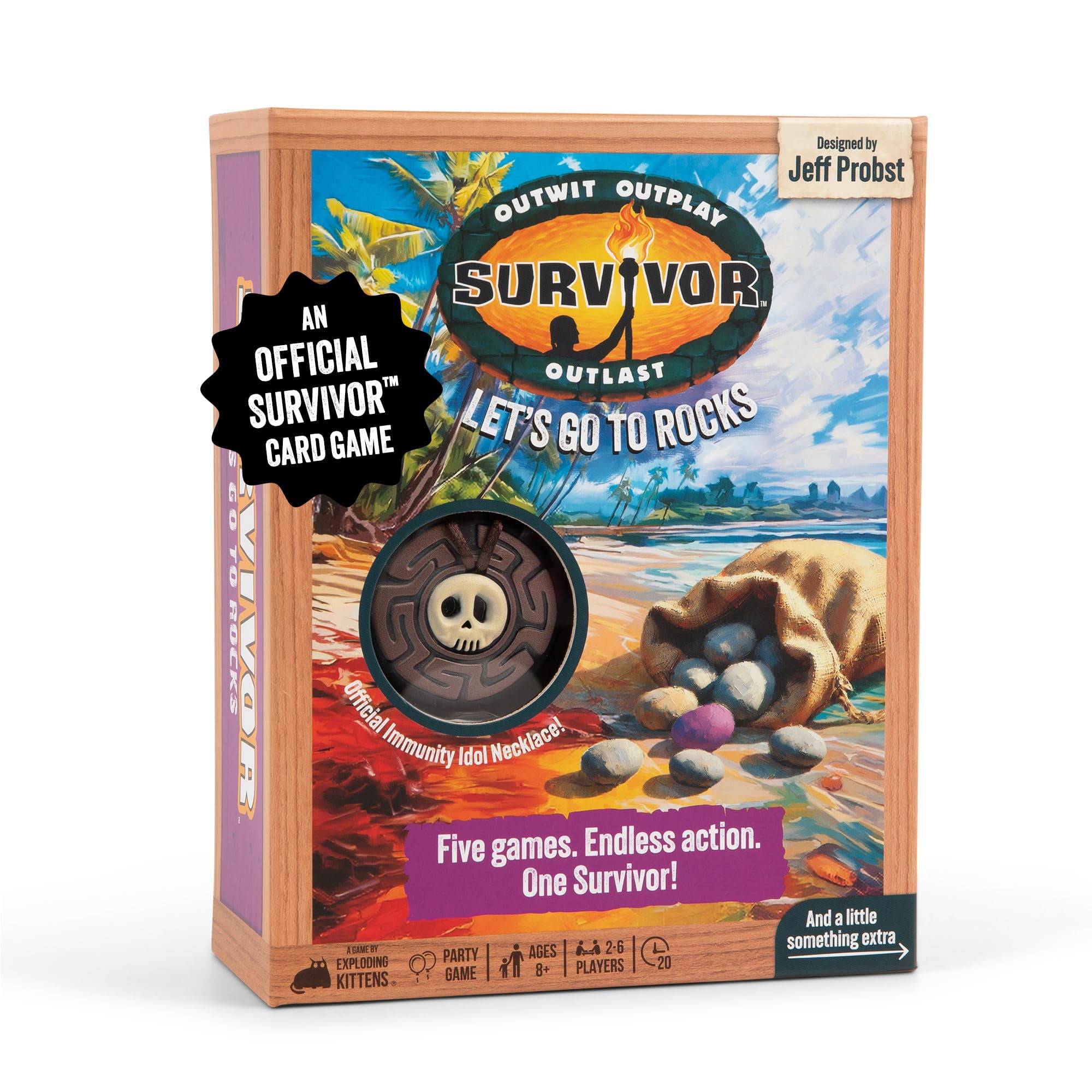Exploding Kittens Survivor: Vamos A Las Piedras - Juego Para Mayores De 8 Años, De 2 A 6 Jugadores, Juego De Estrategia Y Desafío Con Piedras, Cartas Y Collar De Inmunidad