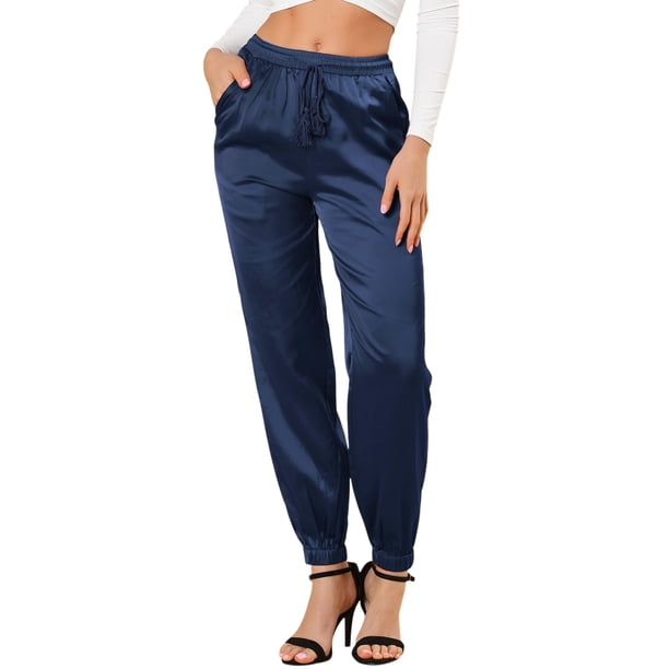 INSPIRE CHIC Pantalones de Satén para Mujer con Cintura Elástica y Cordón, Pierna Recta, Largo al Tobillo, Joggers Elegantes con Bolsillo S Azul Real