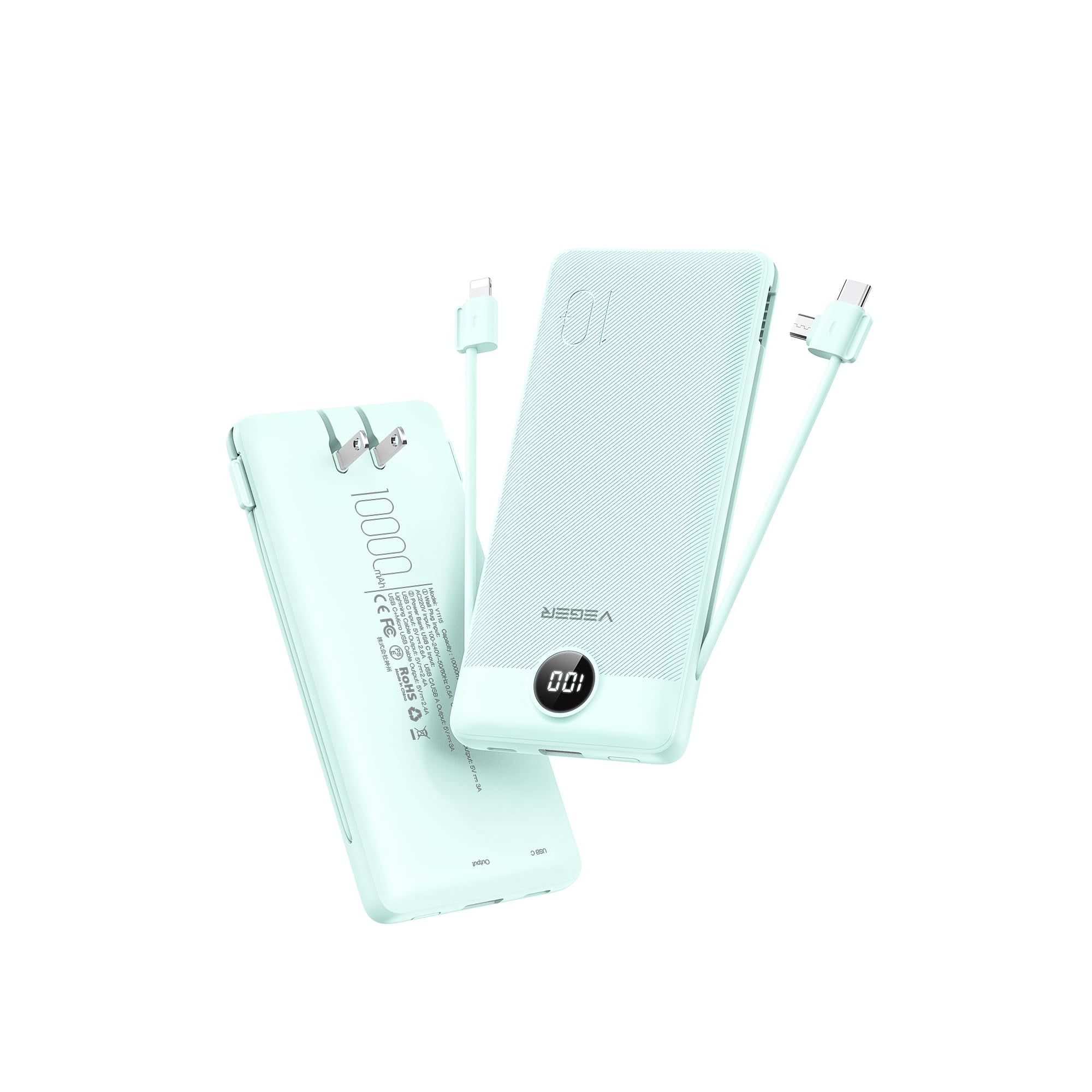 Veger - Cargador Portátil De 10000 Mah Con Cables Y Enchufe Integrados
